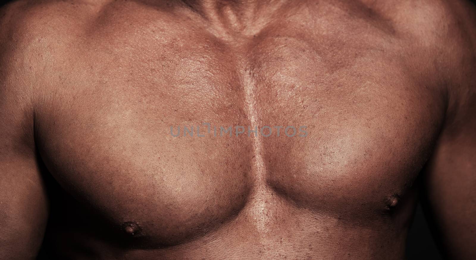 Close-up view on a muscular body. Topless man