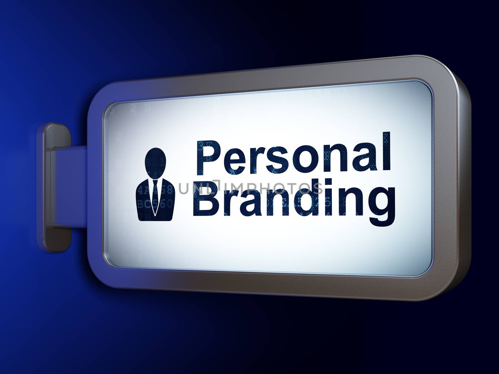 Advertising concept: Personal Branding and Business Man on advertising billboard background, 3d render