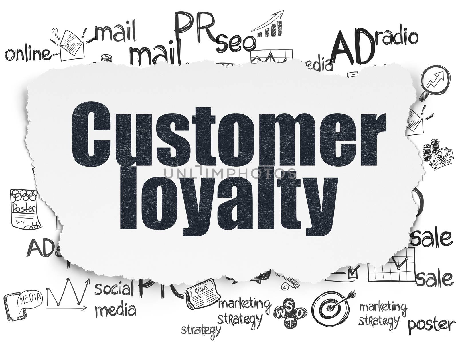 Advertising concept: Painted black text Customer Loyalty on Torn Paper background with  Hand Drawn Marketing Icons