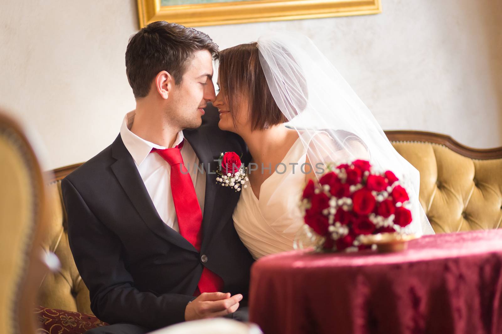 Bride and groom. Portrait of a loving wedding couple kissing.