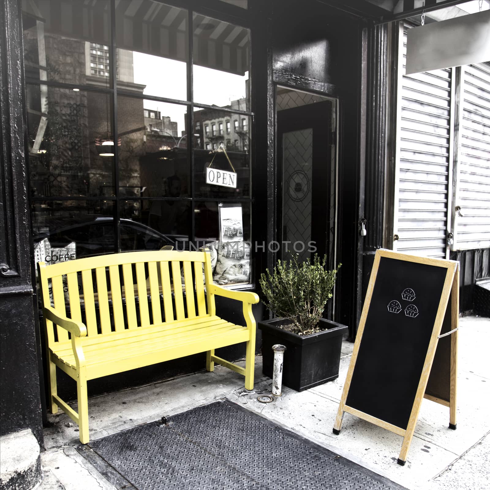 Yellow Bench outside a coffee shop in New York