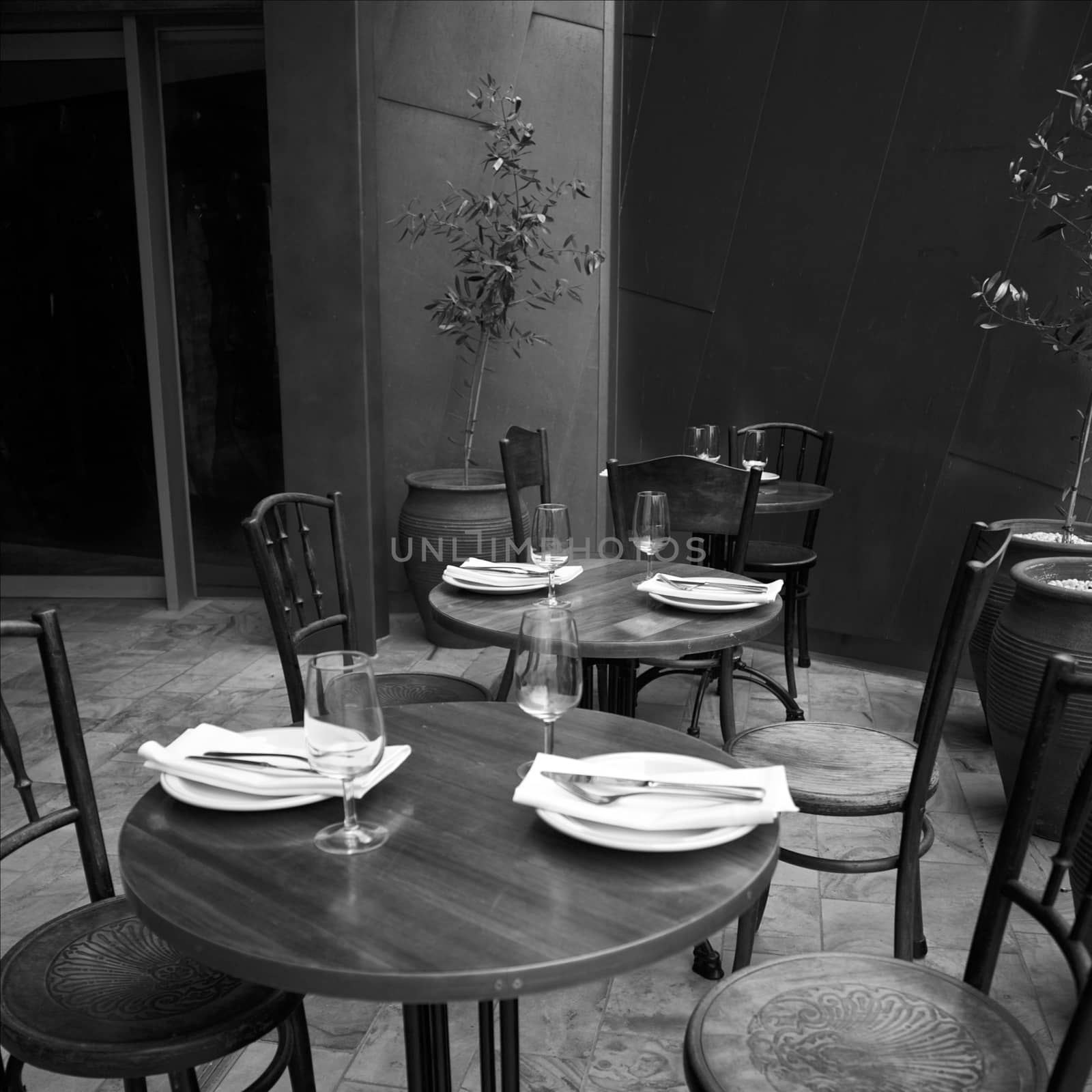 Afternoon setting at a restaurant in monochrome