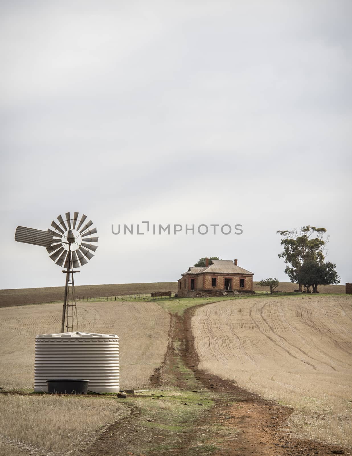 Rural home stead scene with an abandoned house in the background and windmill in the foreground