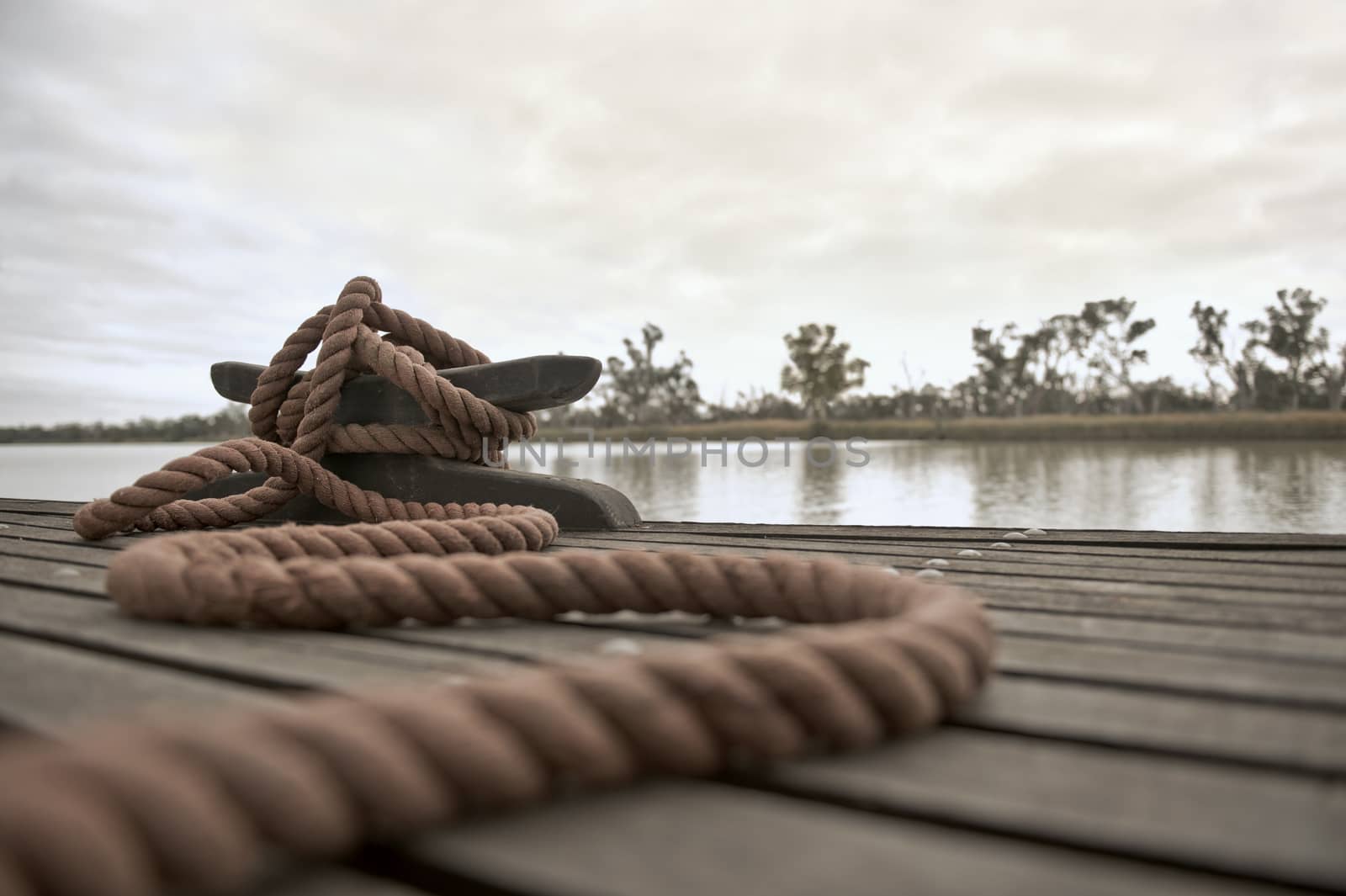 Rope tied to a mooring cleat on a floating wooden dock on the river.