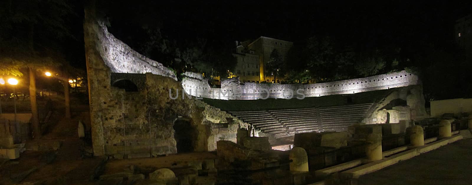 Panoramic scene of roman theater ruins in Trieste Italy
