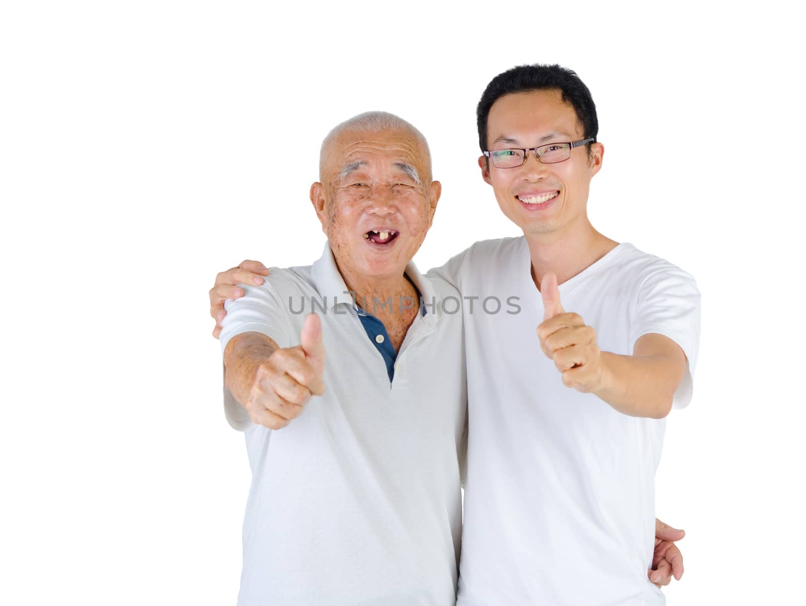 Asian senior man and son making okay sign