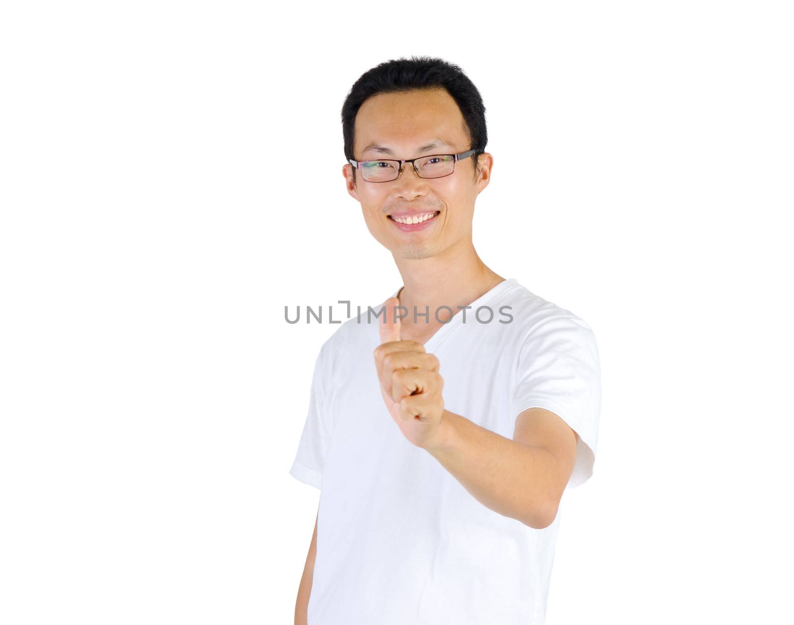 Excited thumb up 40s asian man isolated on white background