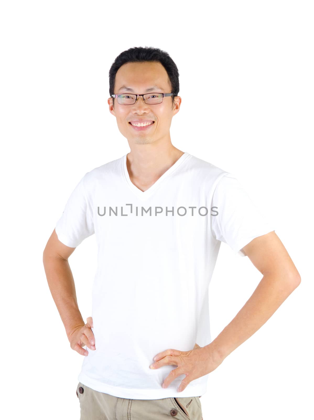 Confident Asian man standing over white background