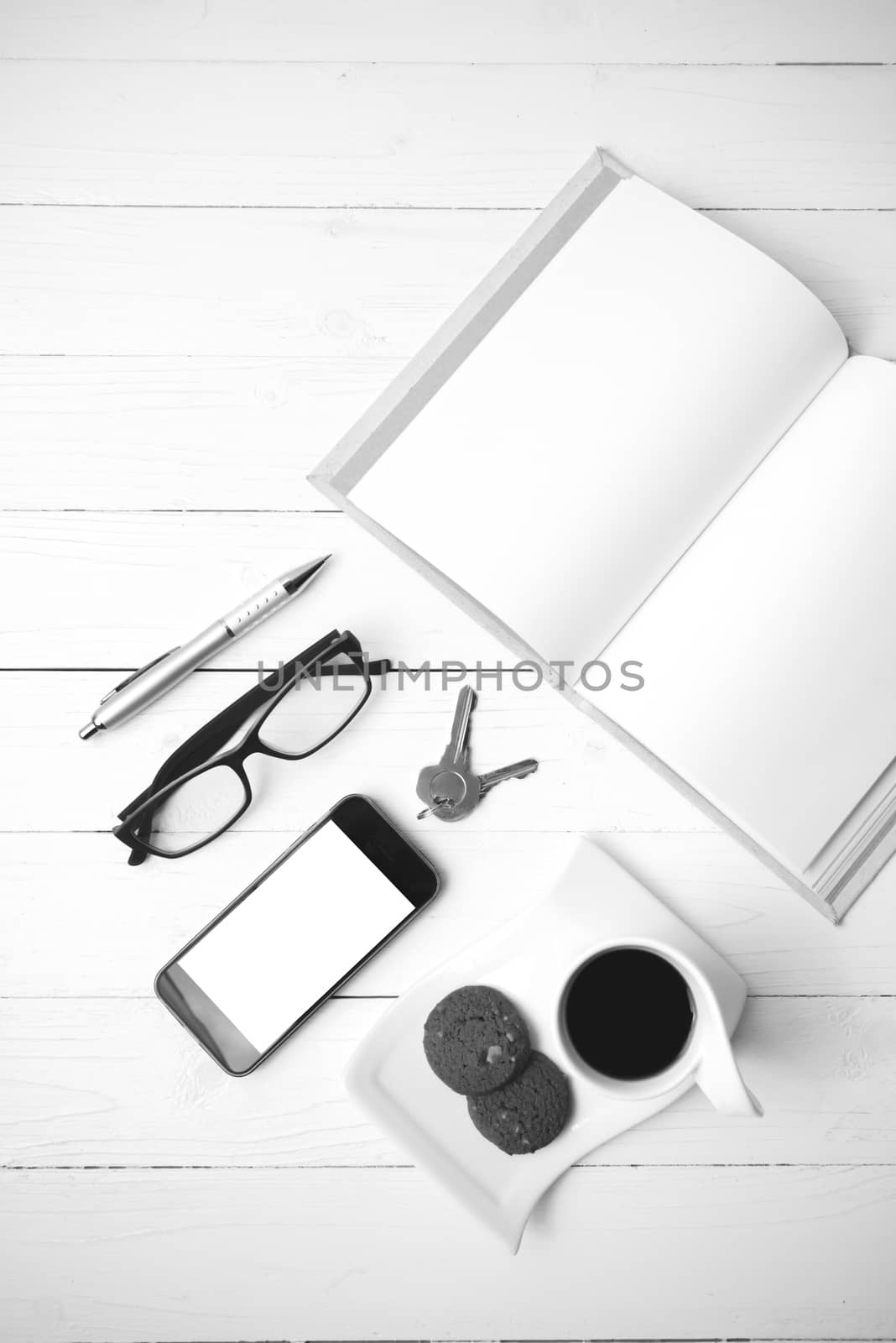 coffee cup with cookie,phone,open notebook,key and eyeglasses bl by ammza12