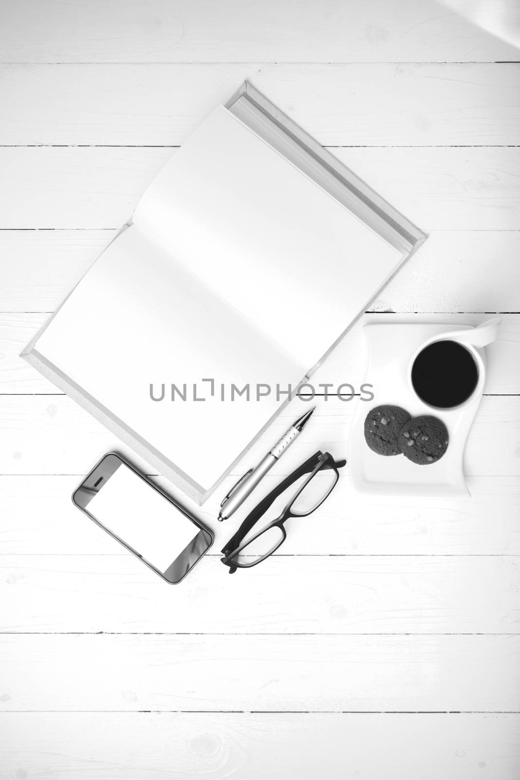 coffee cup with cookie,phone,notebook and eyeglasses black and w by ammza12