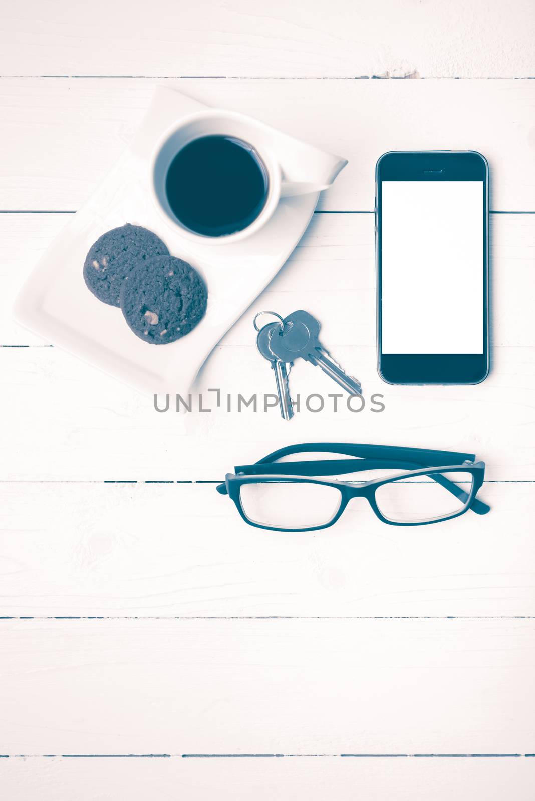 coffee cup with cookie,phone,eyeglasses and key vintage style by ammza12