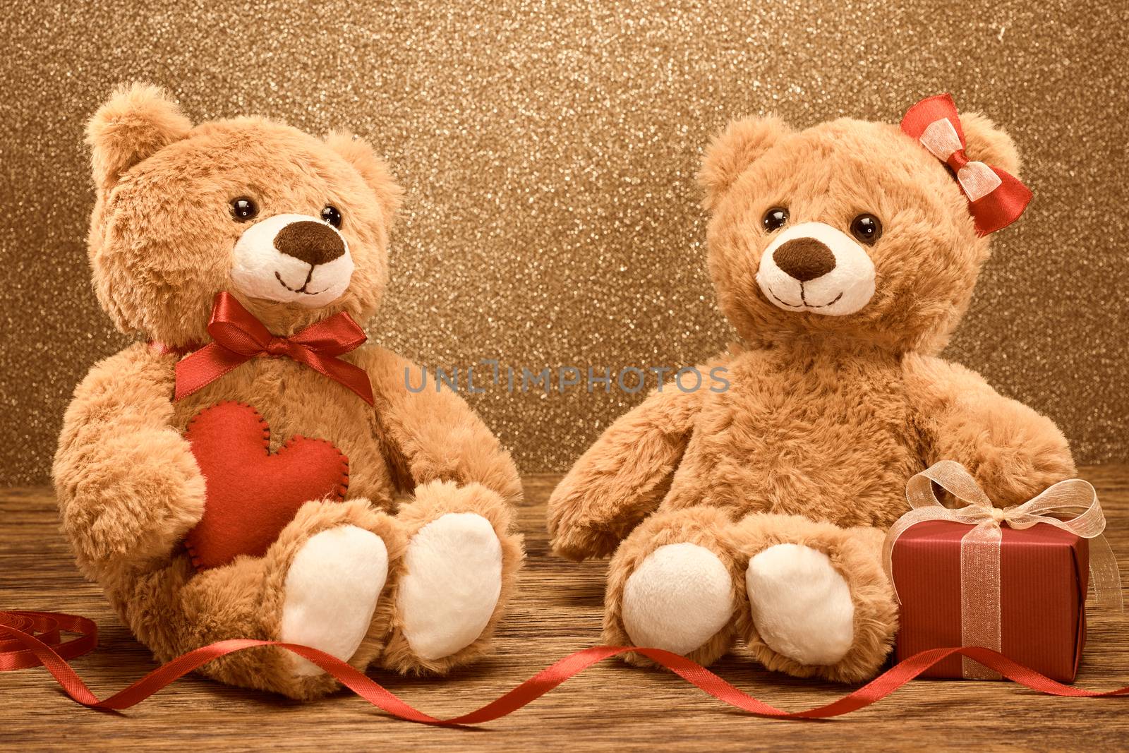 Valentines Day. Love heart. Couple Teddy Bears loving, date. Handmade red heart ribbon gift box. Vintage retro romantic . Unusual creative greeting card on wood, shiny. Family, wedding, friendship