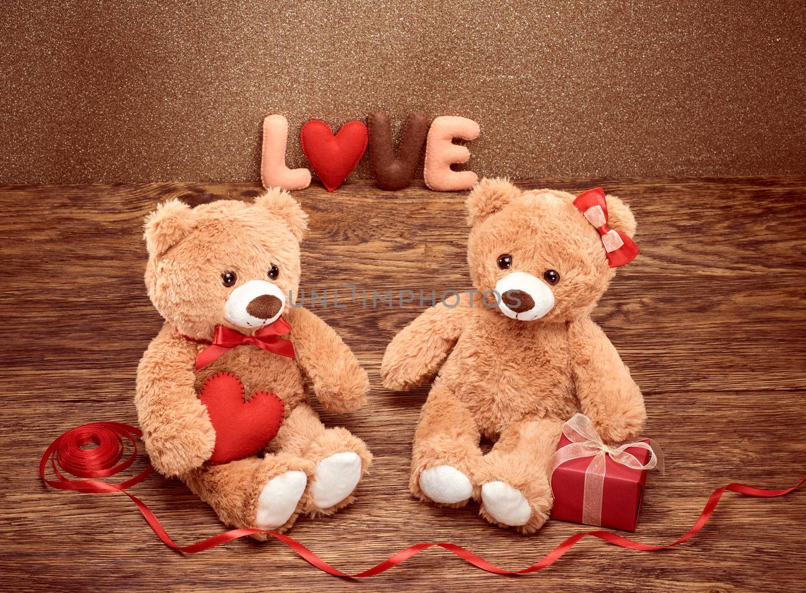 Valentines Day. Word Love heart. Couple Teddy Bears loving, date. Handmade red gift box. Vintage retro romantic style. Unusual creative greeting card on wood, shiny. Family, wedding and friendship