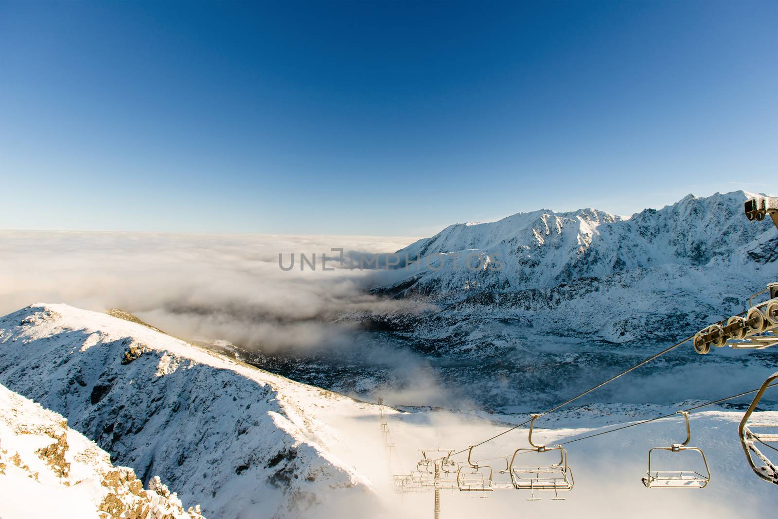 Beautiful view of the mountains and cableway on a sunny day. Kasprowy Wierch, Tatra Mountains, Poland