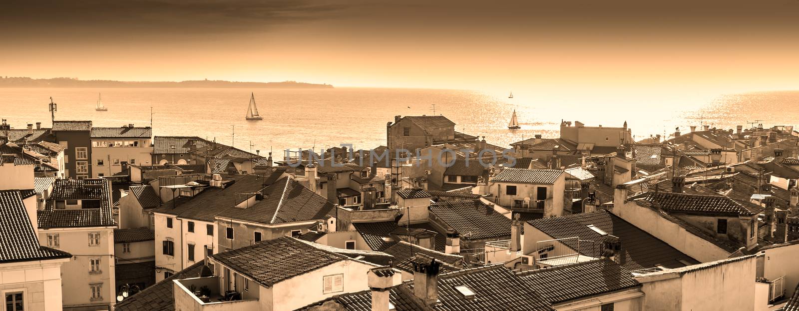 Picturesque old town Piran - beautiful Slovenian adriatic coast. Panoramic view.