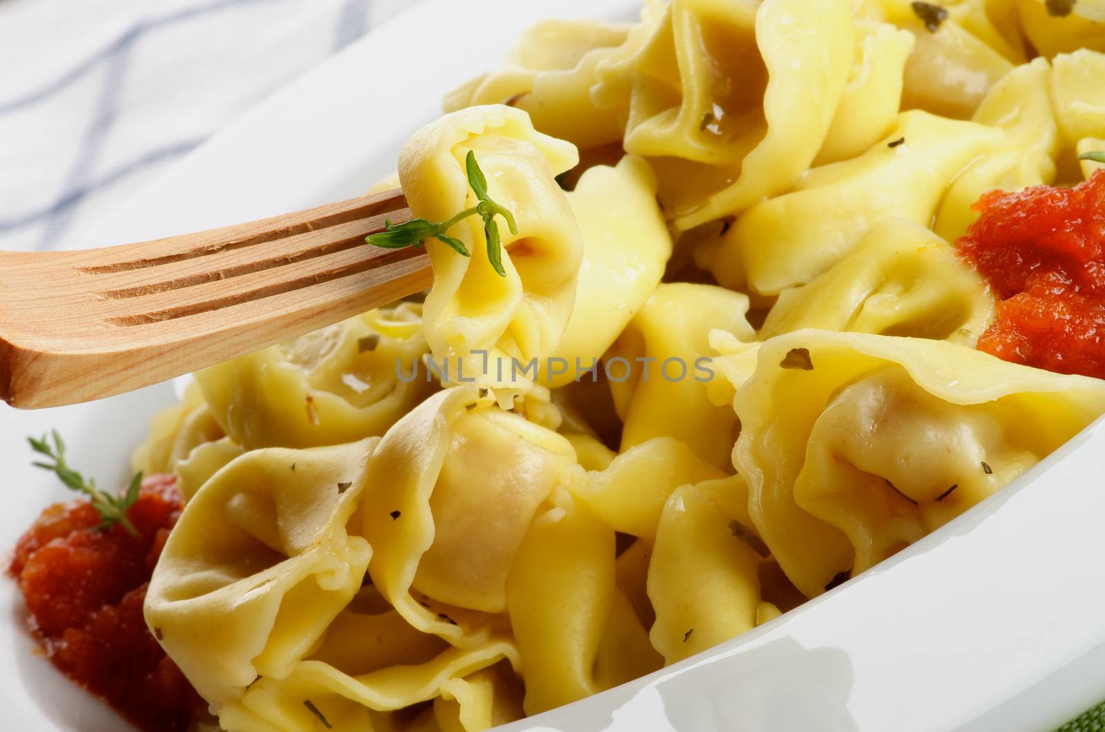 Delicious Meat Cappelletti in with Tomatoes Sauce and One on Tip of Wooden Fork closeup on Checkered Napkin background