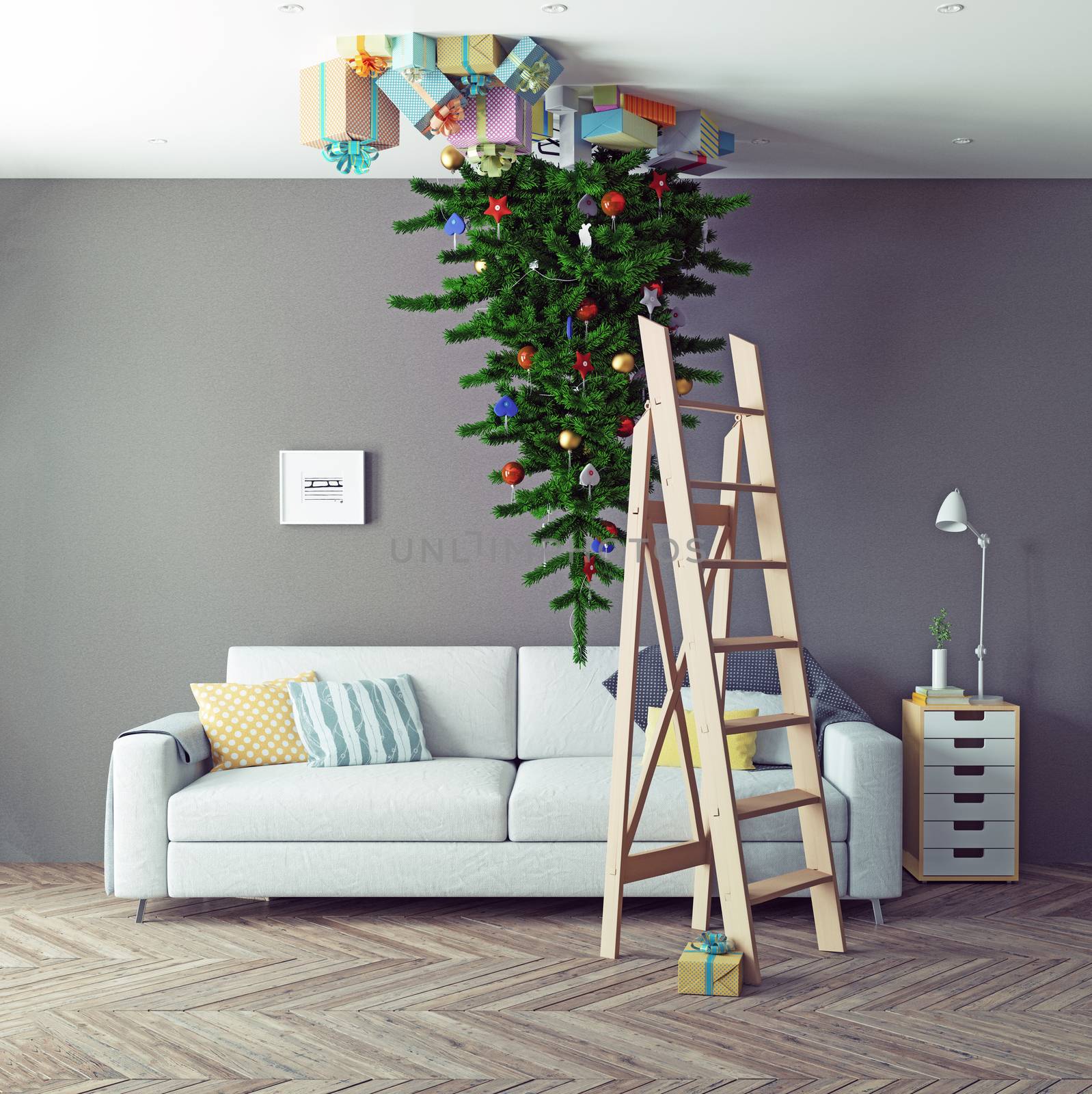 room with a Christmas tree on the ceiling. 3d concept