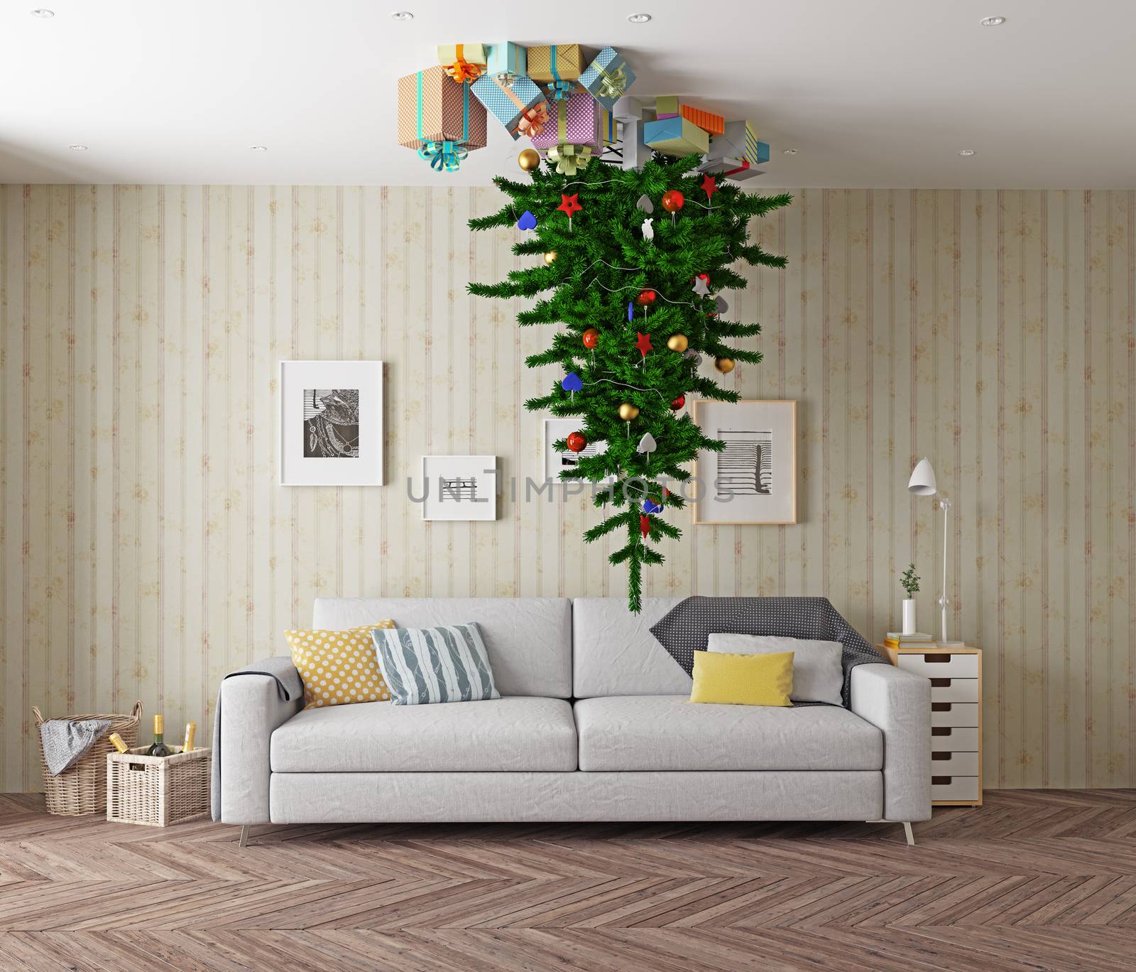 room with a Christmas tree on the ceiling. 3d concept