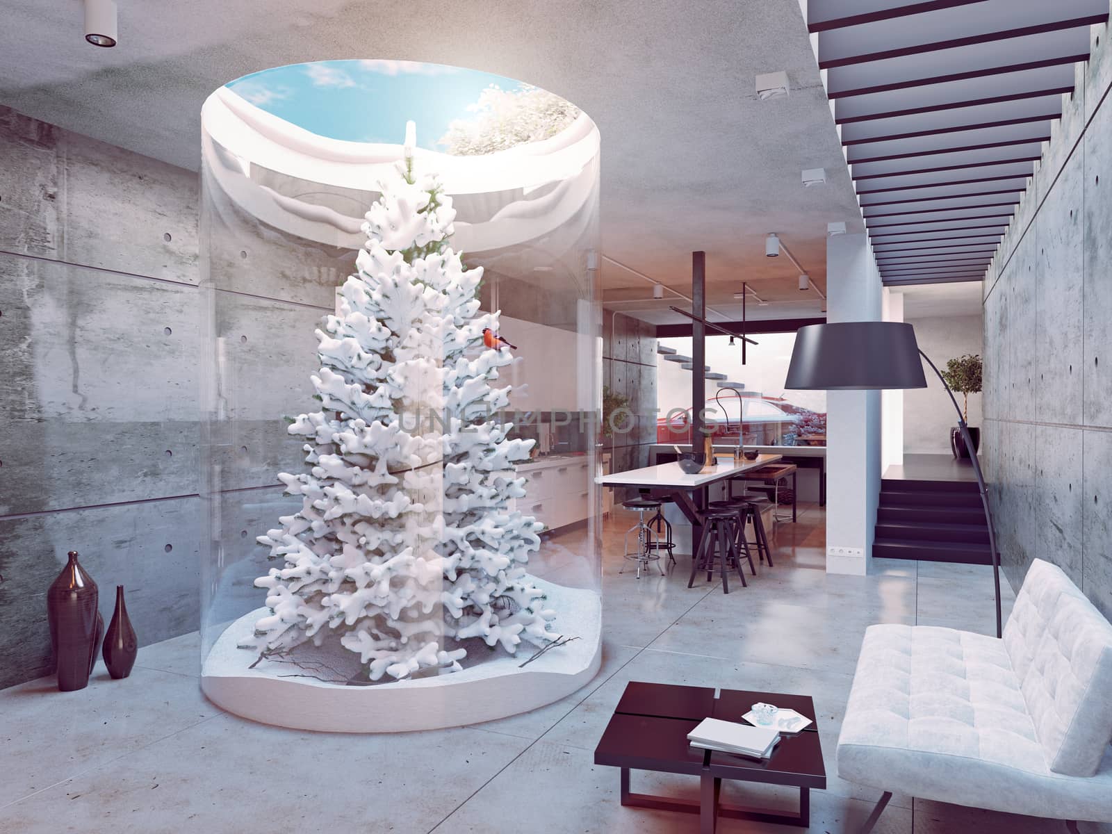 eco design of the modern kitchen interior. Pine tree indoor. 3d concept