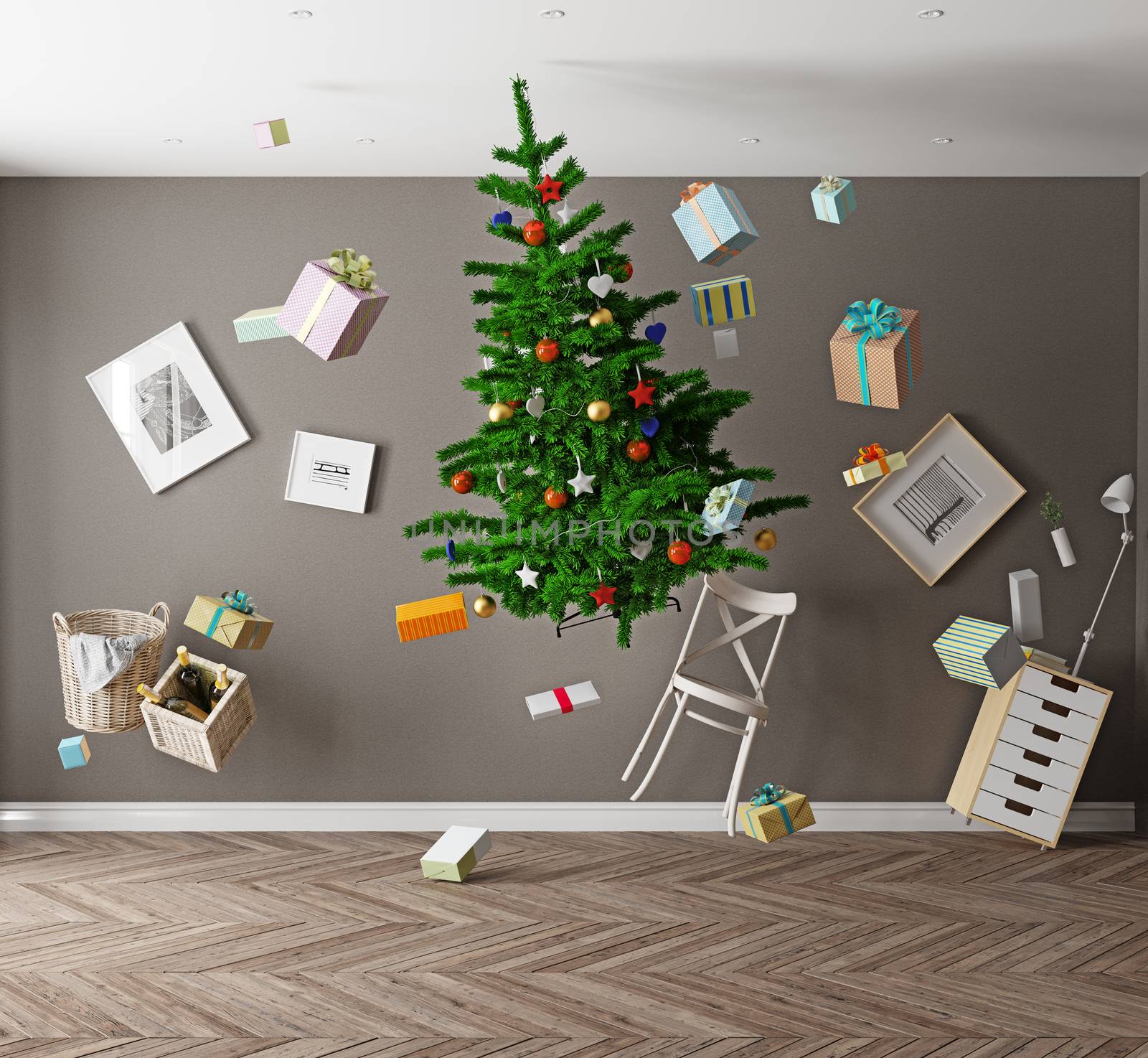 room with a Christmas tree and zero gravity. 3d concept