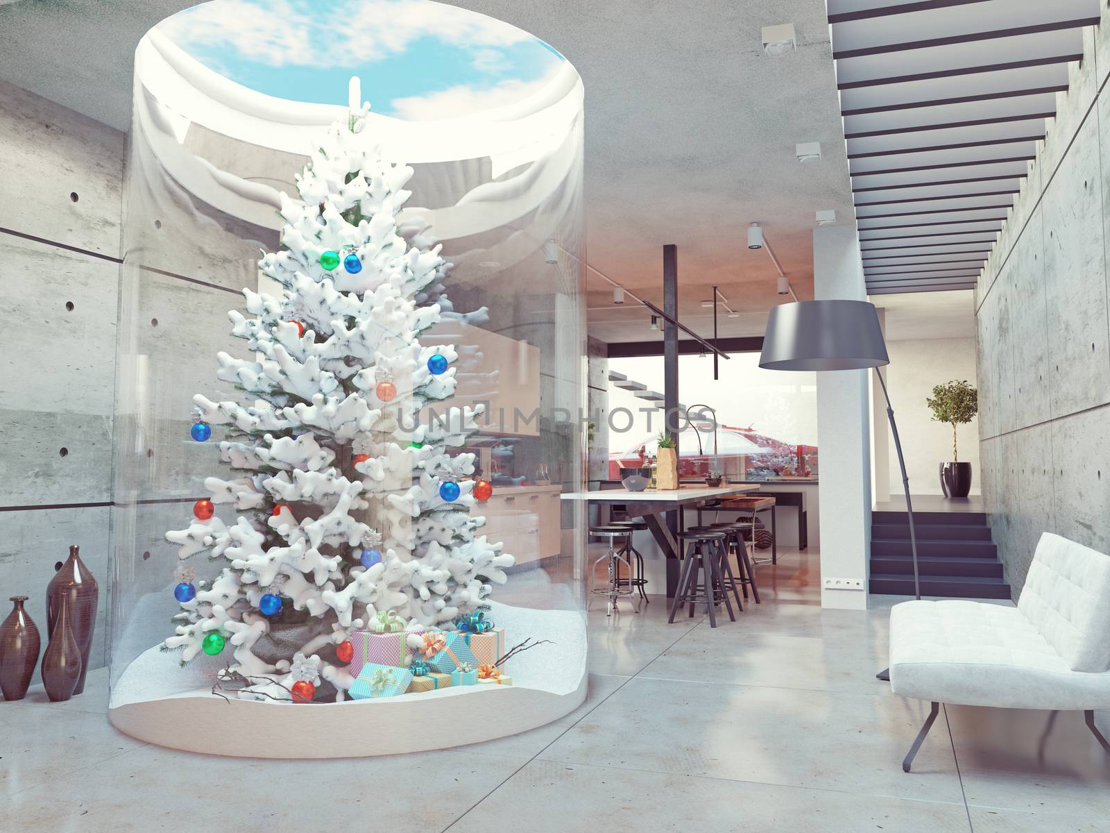 eco design of the modern  interior.  Live Christmas tree decoration indoor. 3d concept