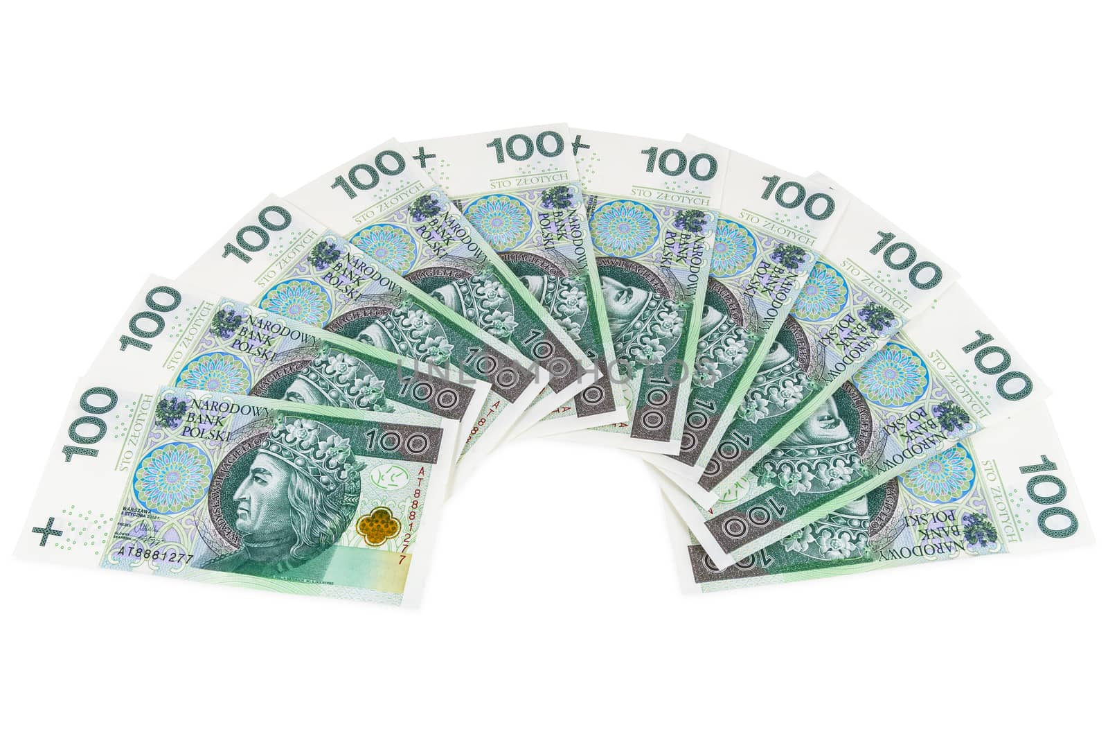 New polish banknotes of 100 PLN isolated on white background with clipping path