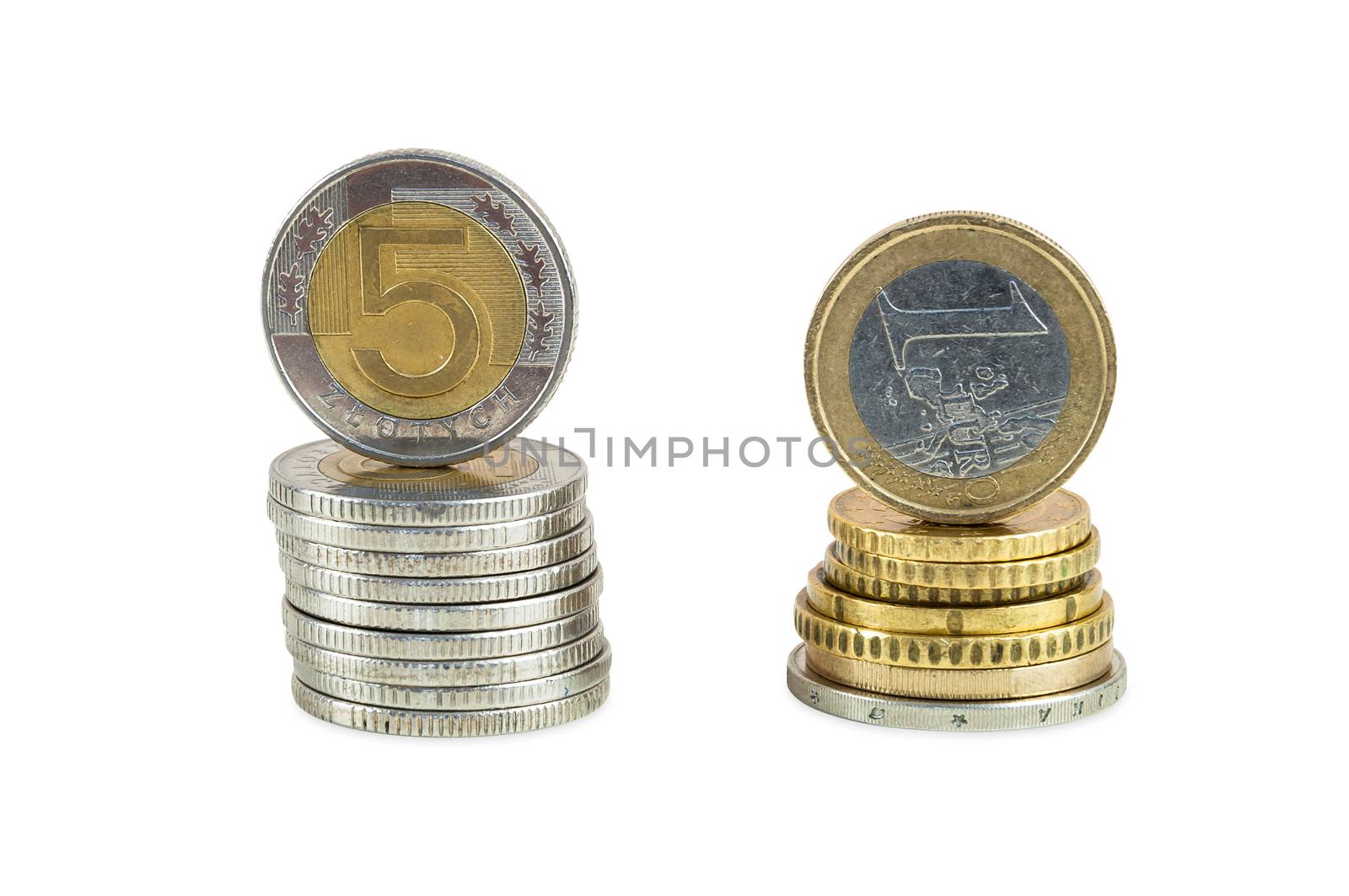 Stack of polish zloty and euro coins isolated on white background with clipping path