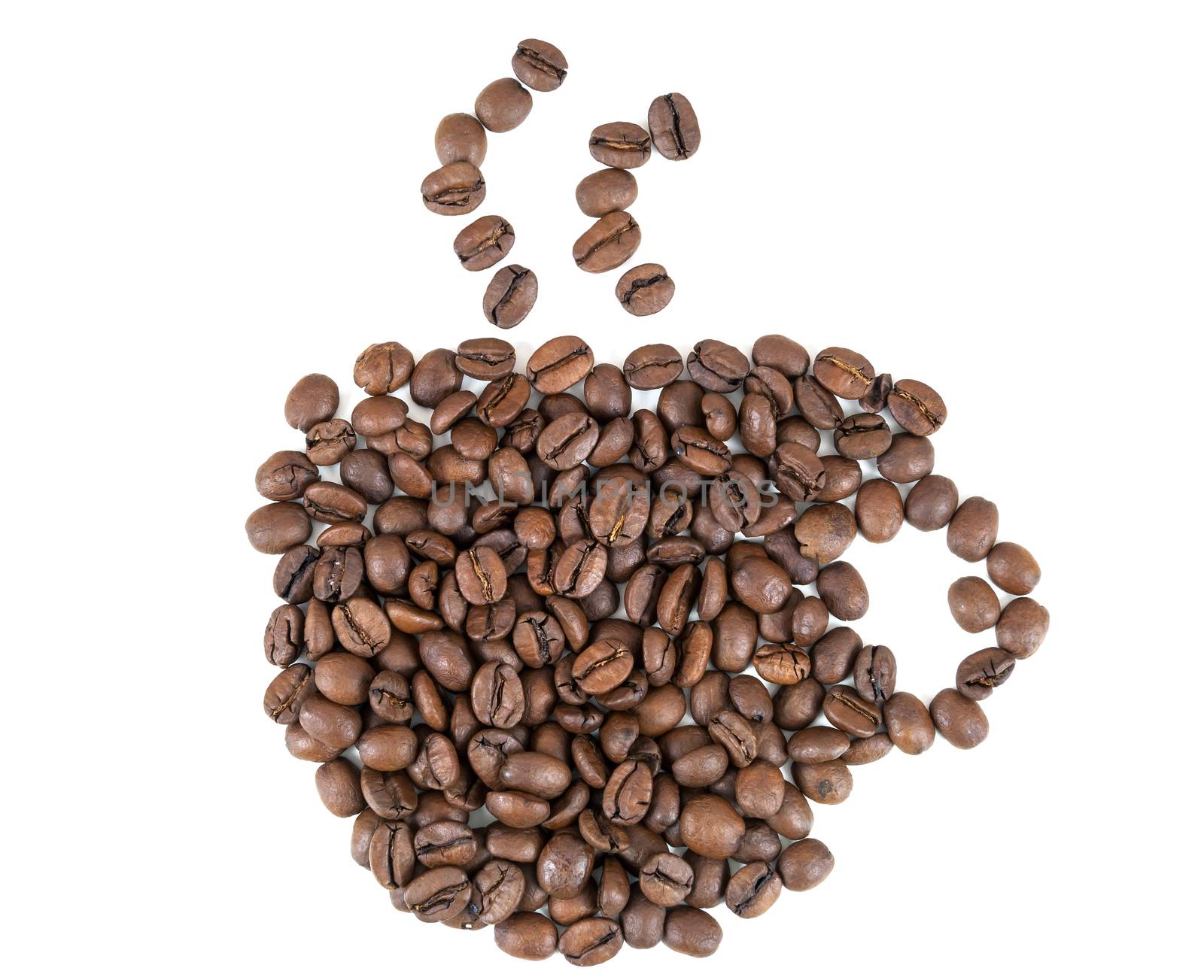 Cup made of coffee beans isolated on white background