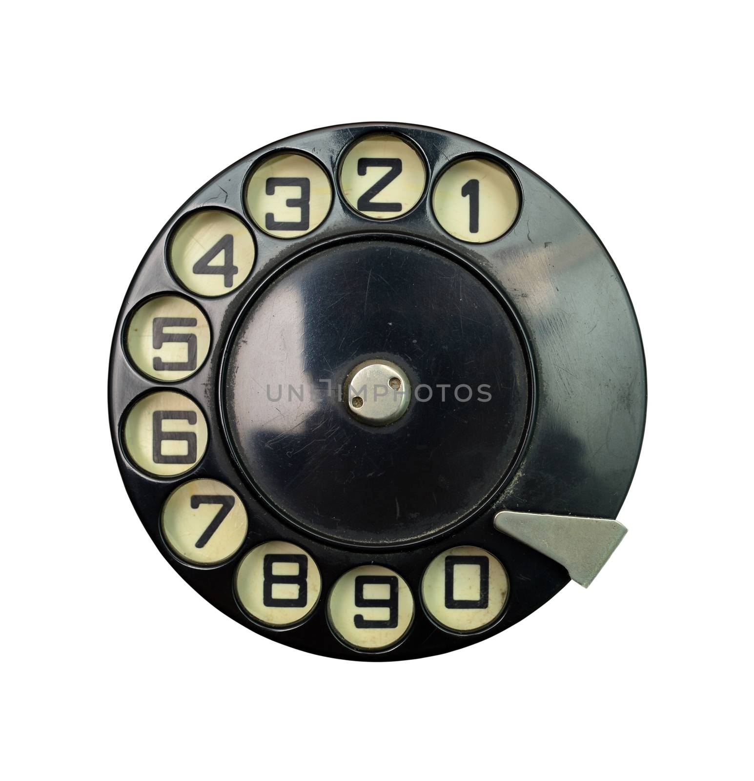 black vintage phone dial disk over white
