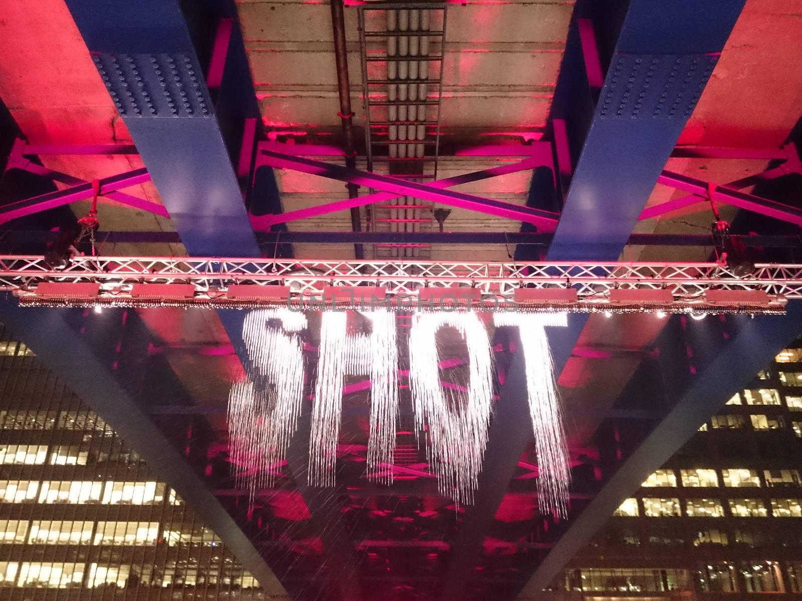 UK, London: A digital waterfall, one of 18 installations at the Canary Wharf Winter Lights festival, lights up London on January 11, 2016 as the festival opens. The festival features an intercontinental collection of sculptures, on display in areas like at Crossrail Place, Cabot Square, and Jubilee Park through January 22.