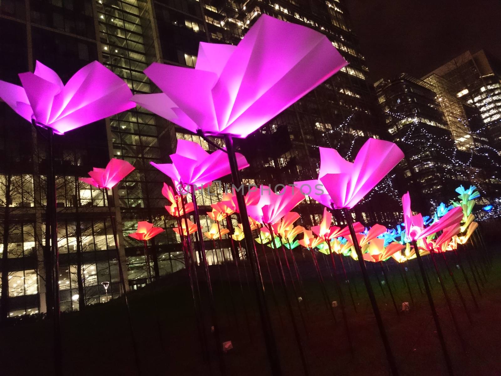 UK, London: One of 18 installations lights up London on January 11, 2016 as the Canary Wharf Winter Lights festival opens for the public. The festival features an intercontinental collection of sculptures, on display in areas like at Crossrail Place, Cabot Square, and Jubilee Park through January 22.
