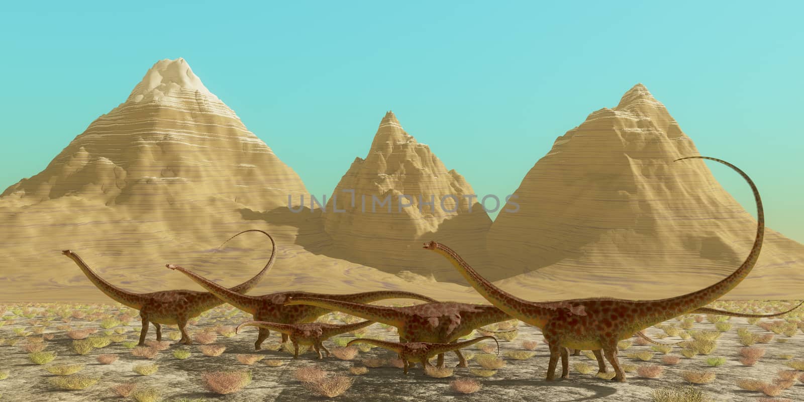 A herd of Diplodocus dinosaurs cross a desert on their annual migration to a warmer region.