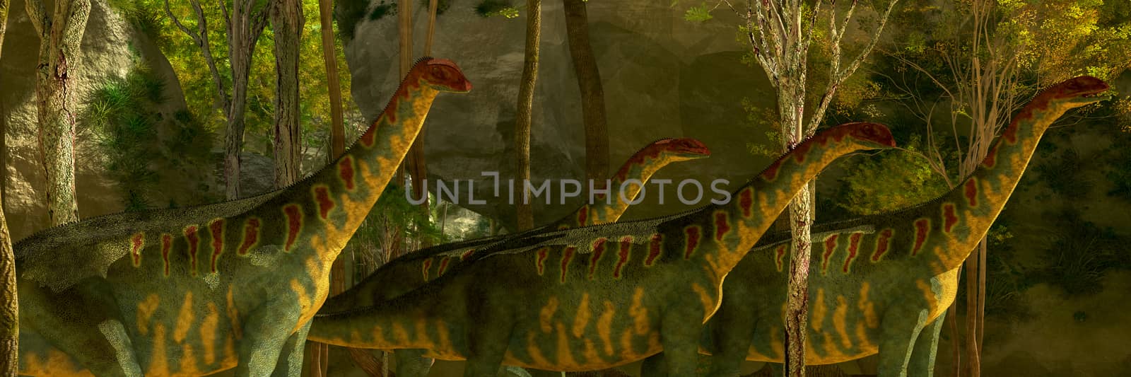 A herd of Jobaria dinosaurs pass through a heavily wooded forest on a Jurassic prehistoric day.