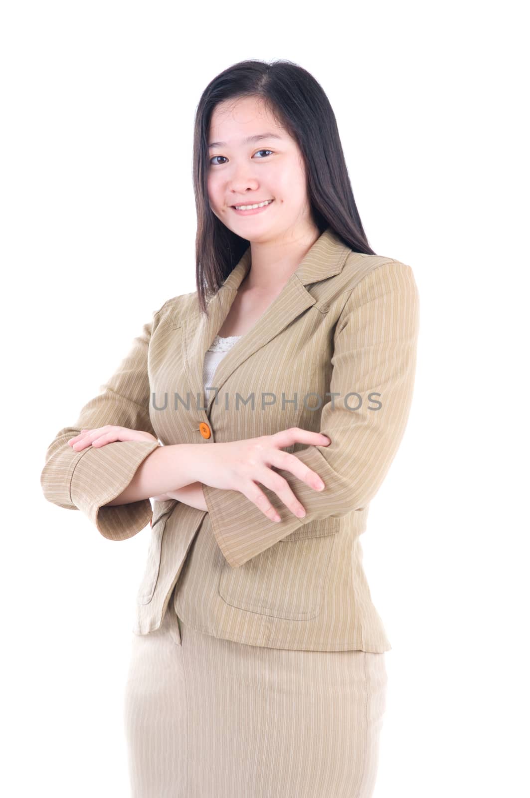 Smiling Southeast Asian Business woman over white background