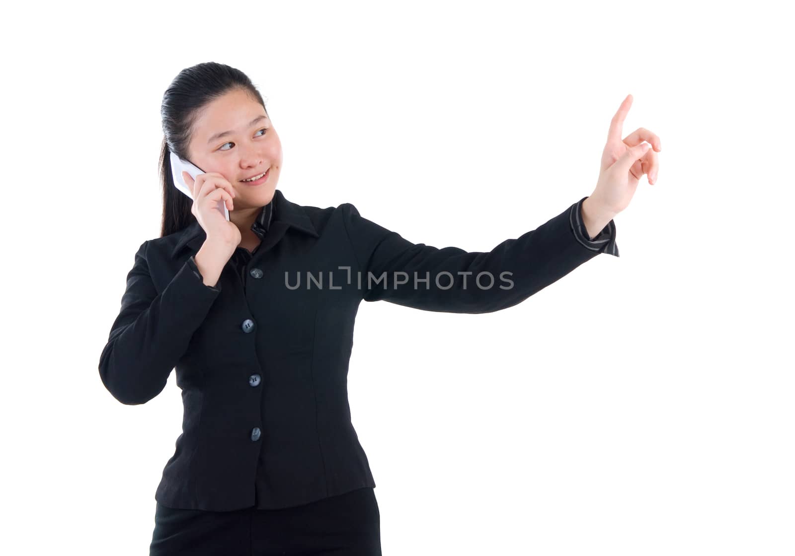 Asian business woman on the phone.Hand pointing on one side over white background