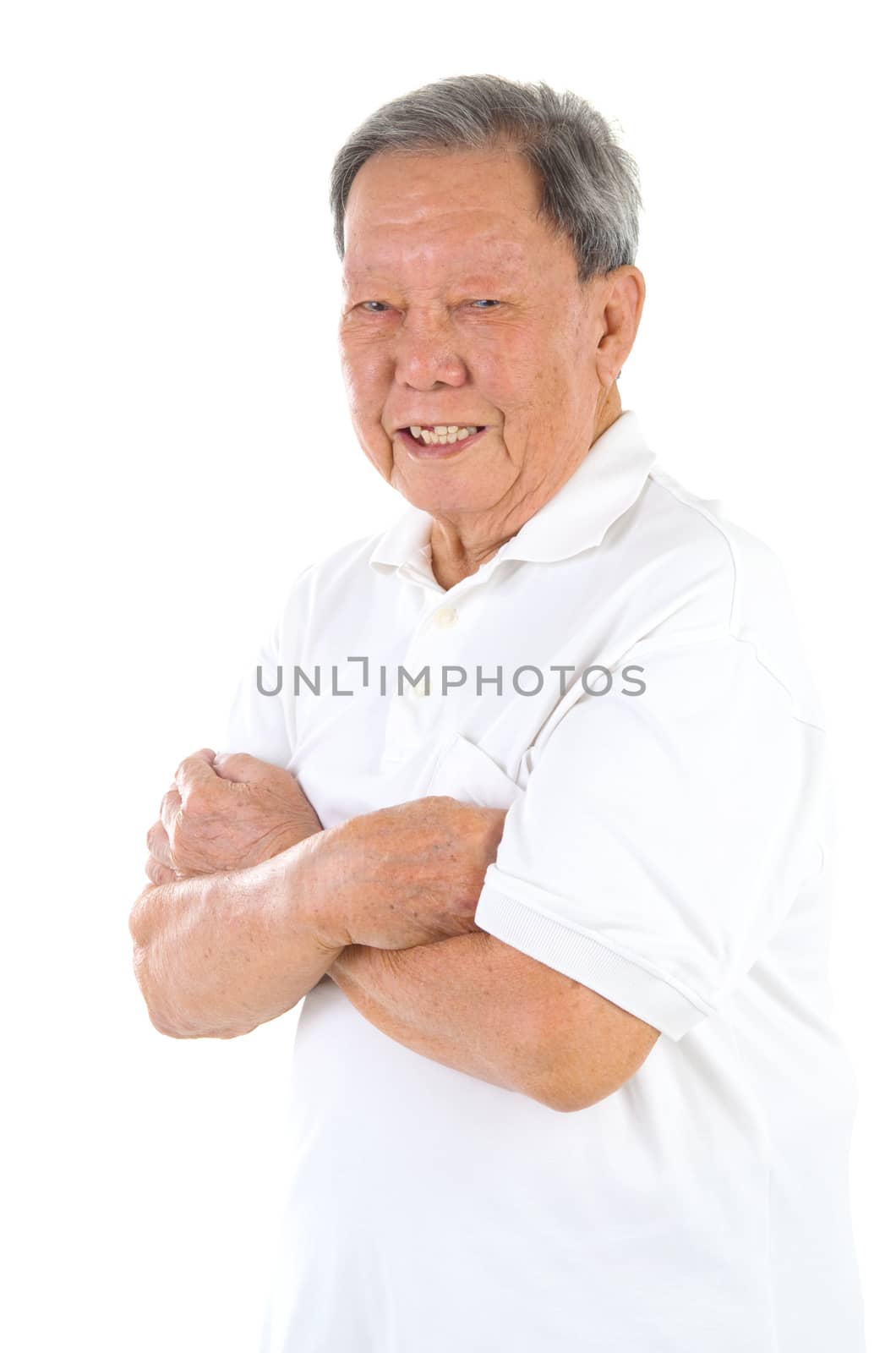 Confident arms crossed senior adult asian chinese man standing isolated white background