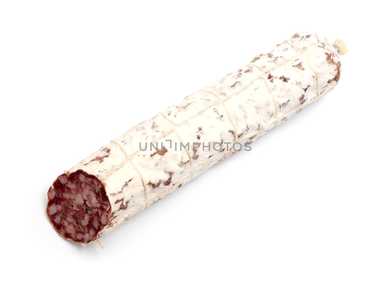 Smoked sausage stick isolated on white background by DNKSTUDIO