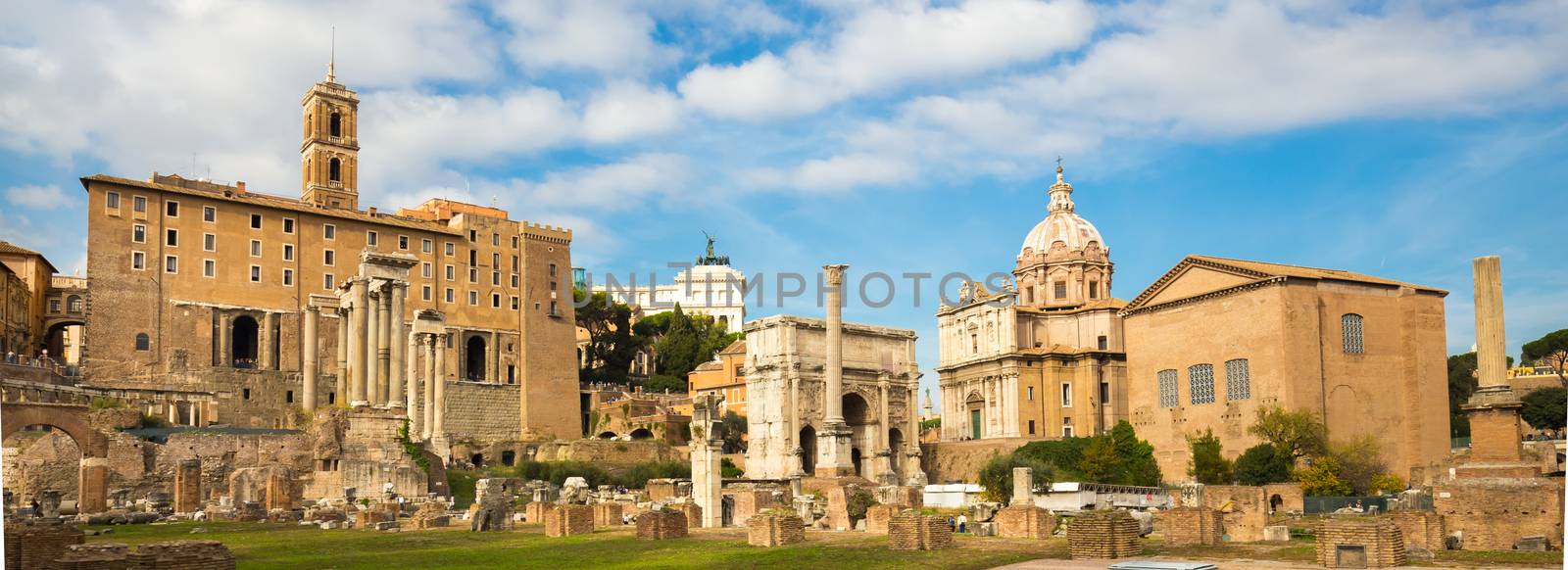 Roman ruins in Rome, Forum. Panoramic composition.