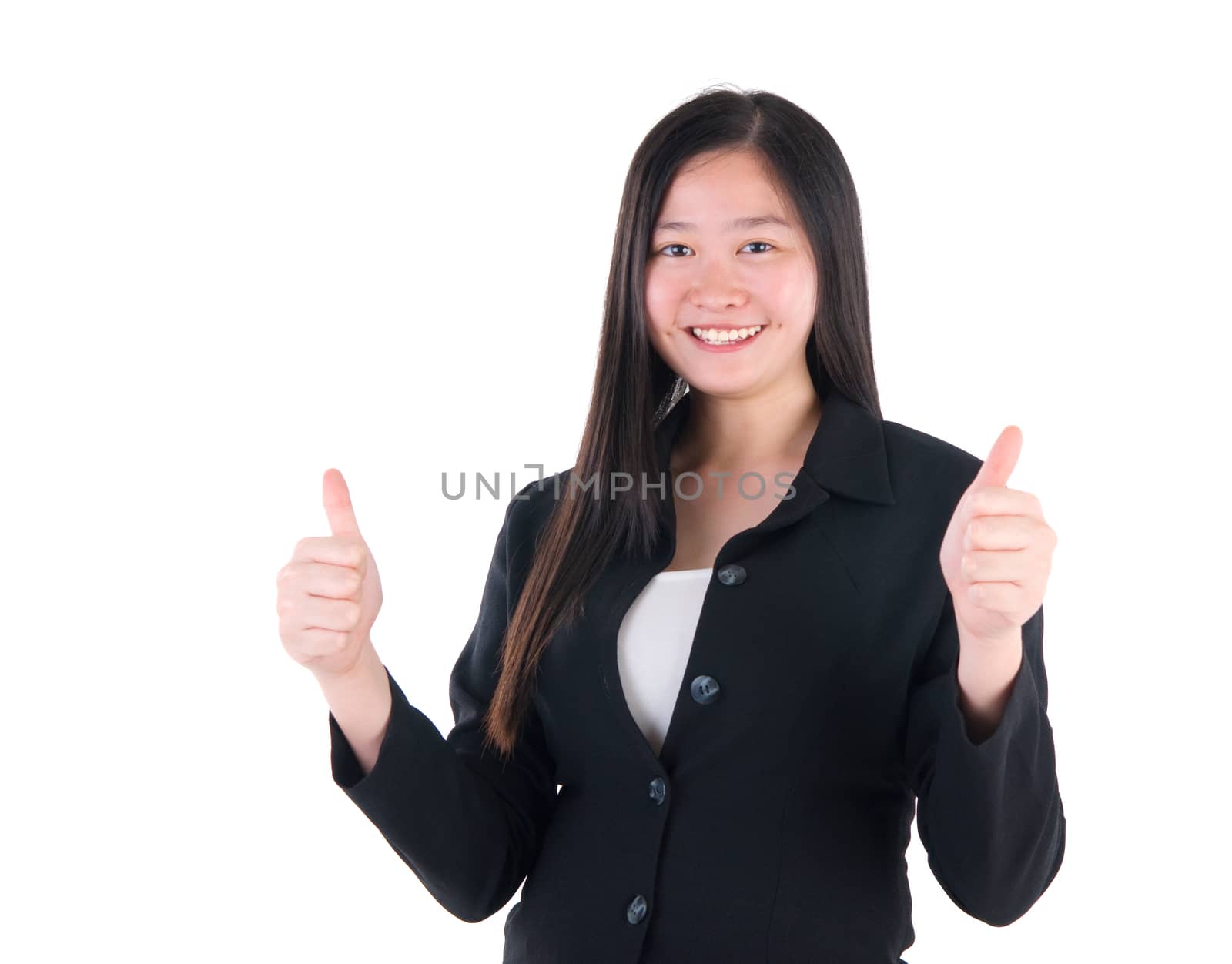 An Asian girl giving thumb up sign on white background
