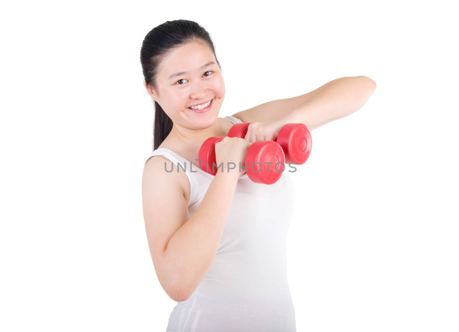 happy young woman exercising with dumbbells