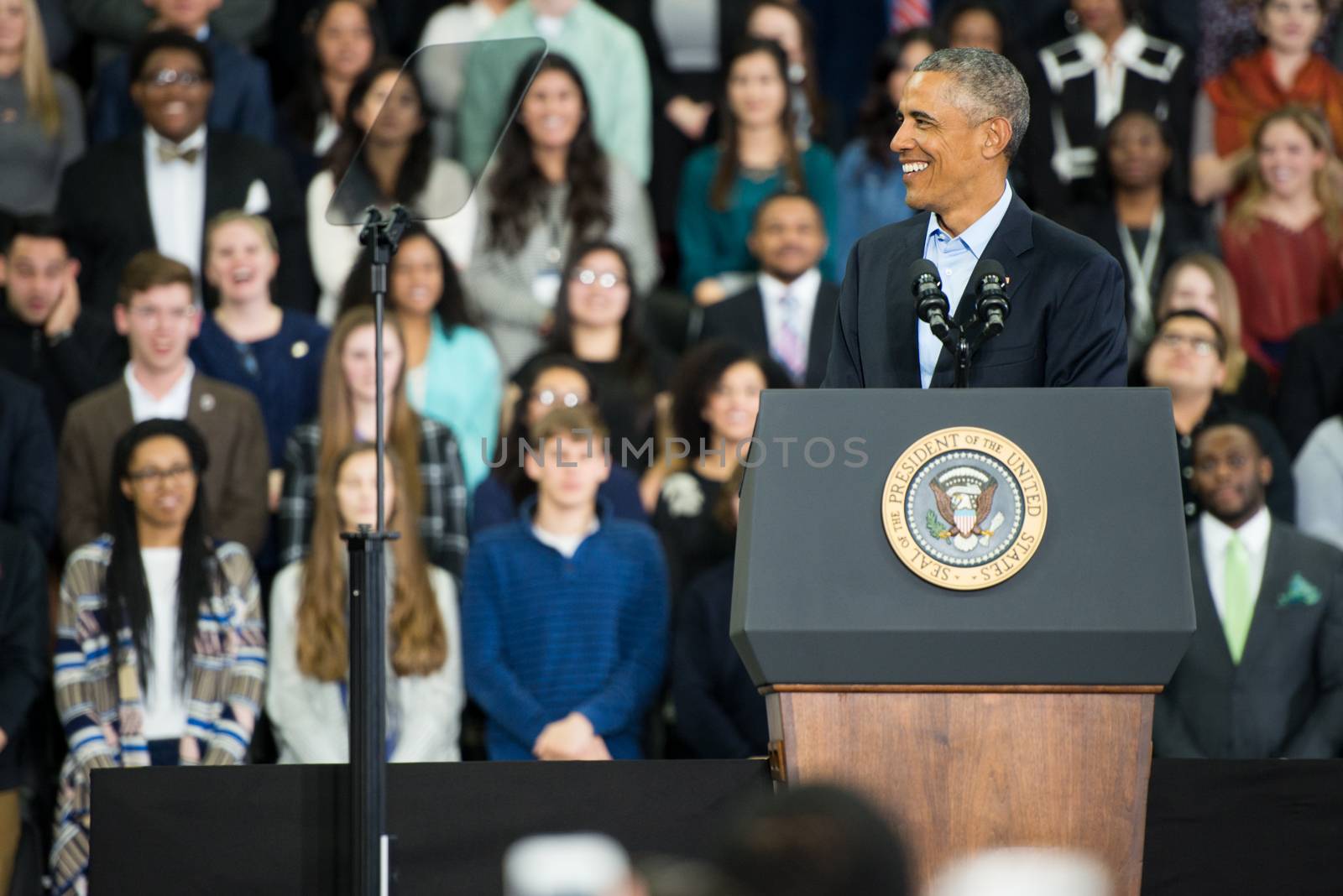 UNITED STATES, Omaha: President Obama holds a speech at UNO's Baxter Arena in Omaha, Nebraska on January 13, 2016, one day after his final State of the Union address.