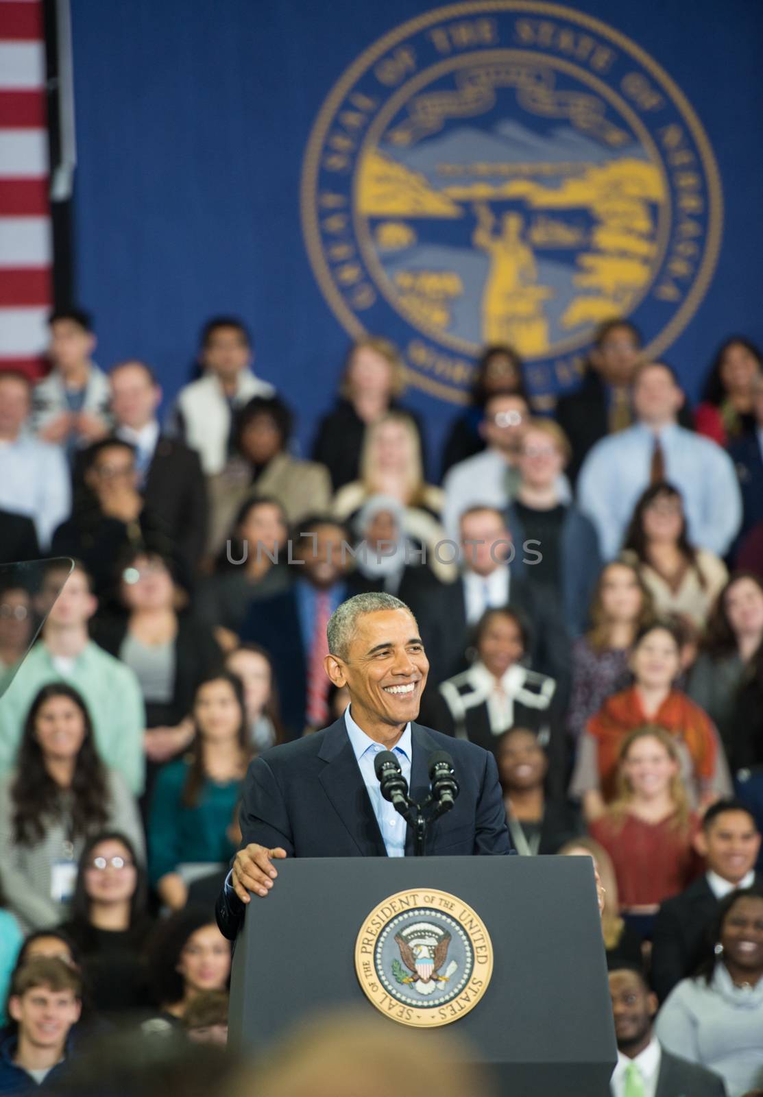 UNITED STATES, Omaha: President Obama holds a speech at UNO's Baxter Arena in Omaha, Nebraska on January 13, 2016, one day after his final State of the Union address.