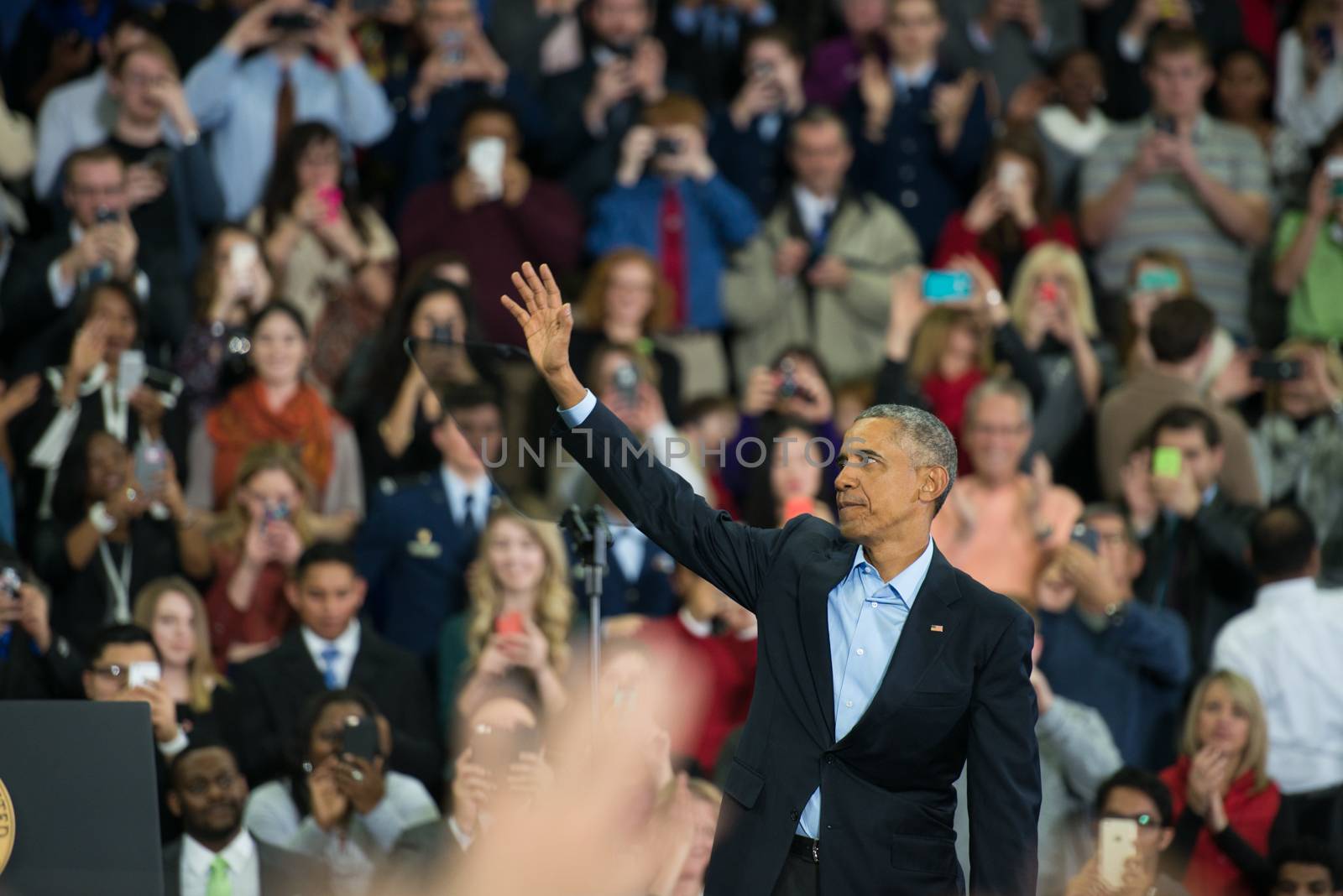 UNITED STATES, Omaha: President Obama greets the crowd after his speech at UNO's Baxter Arena in Omaha, Nebraska on January 13, 2016, one day after his final State of the Union address.