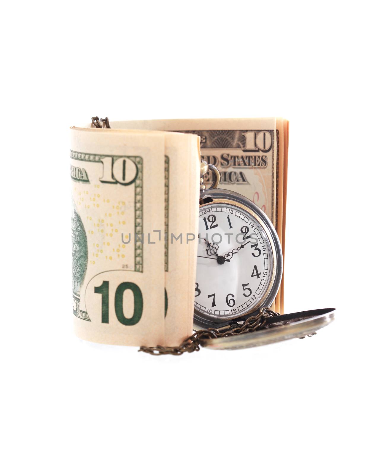 Time is money concept. Pocket watch near USA bank notes