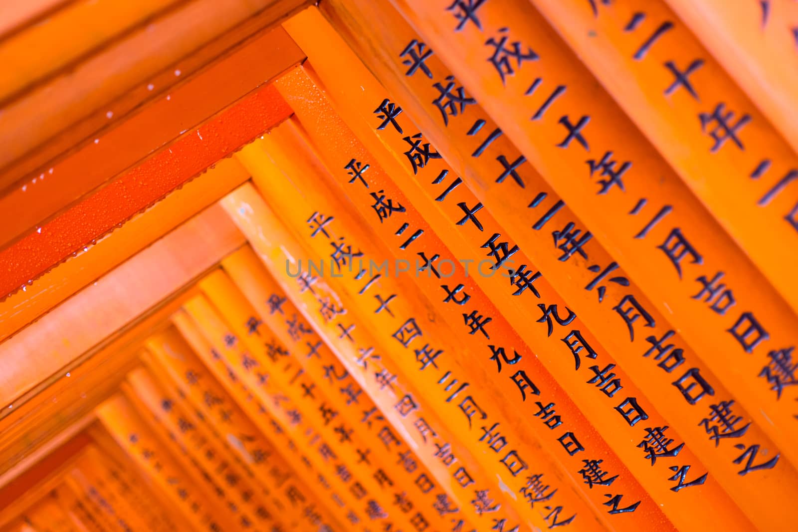 Red wooden Tori Gate at Fushimi Inari Shrine in Kyoto, Japan. Selective focus on traditional japanese writing.