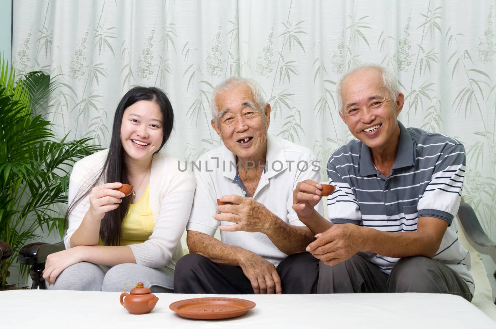 Asian senior father with his adult son and granddaughter at home. Family living lifestyle.