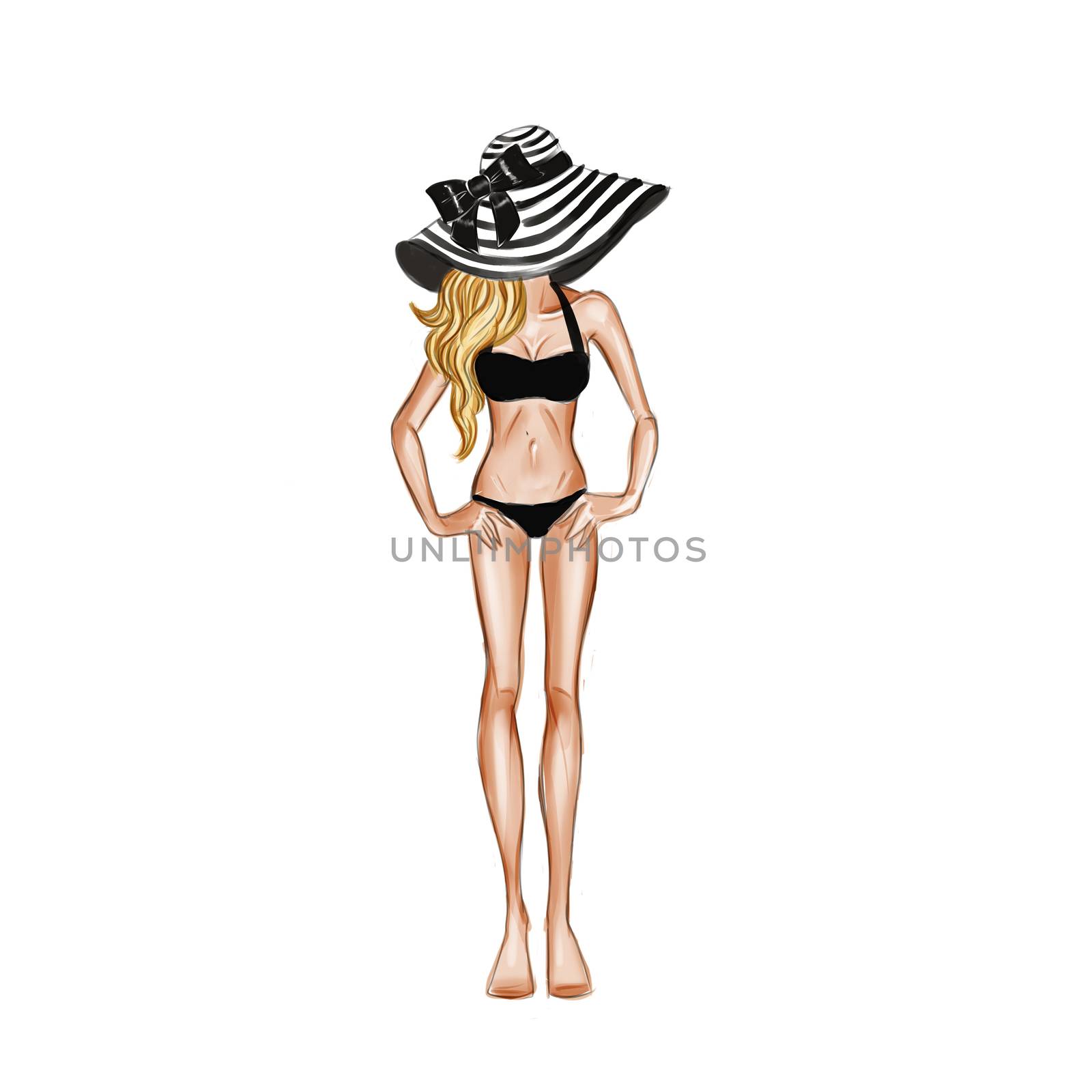 Hand drawn background - fashion illustration - sketch - girl in bikini and large hat