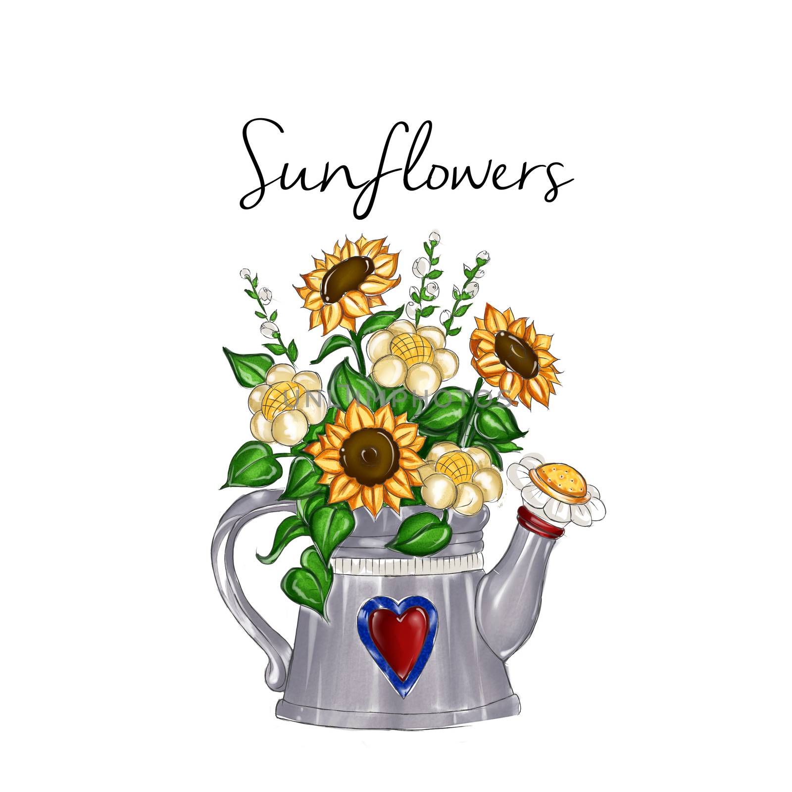 watercolor hand drawn illustration - sunflower bouquet inside watering metal can by GGillustrations
