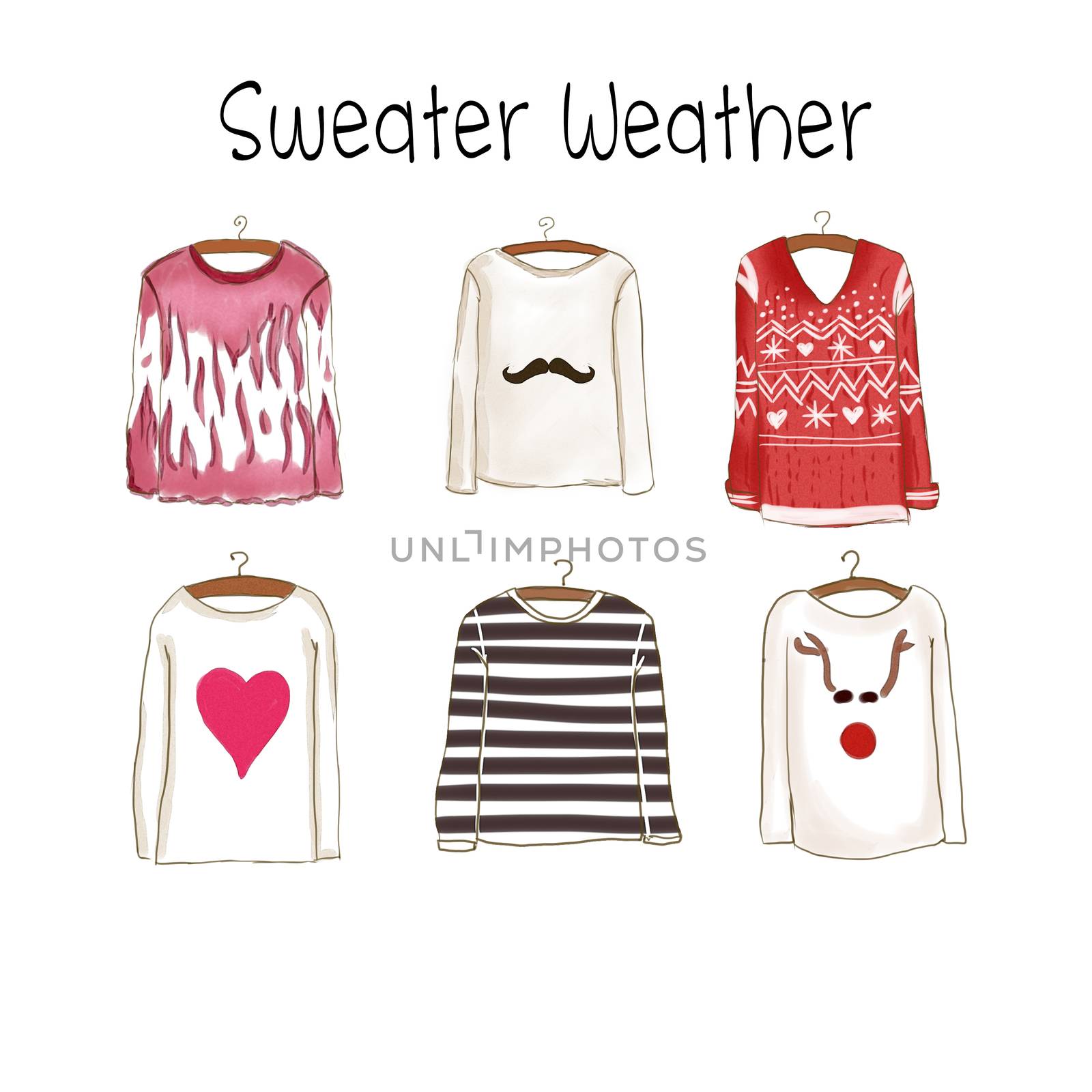 watercolor Fashion Illustration - Collection of different sweaters by GGillustrations