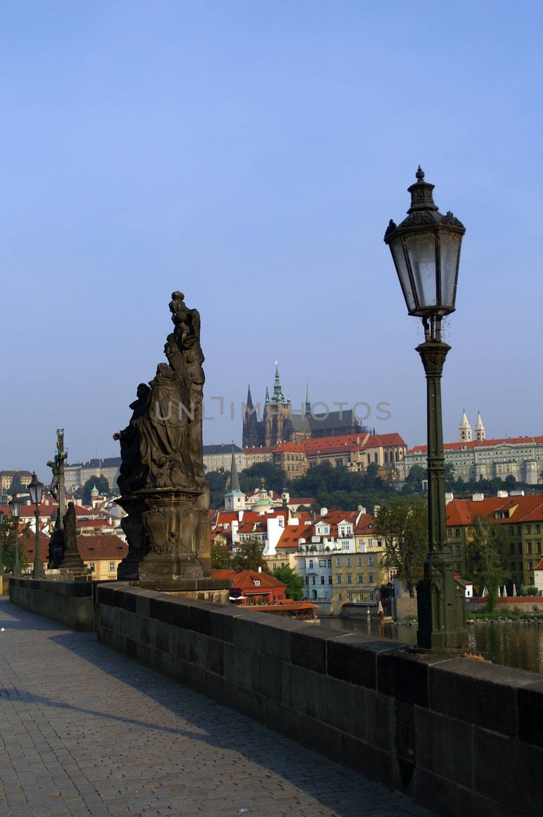 Statues of Charles bridge  and statues - beautiful scene in old prague city